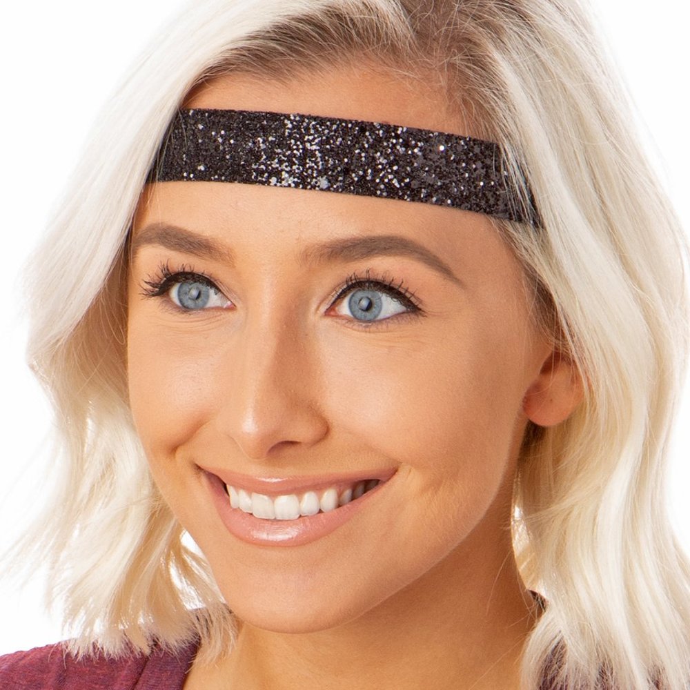 Hipsy Black Adjustable & No Slip Wide Bling Glitter Hair Headband